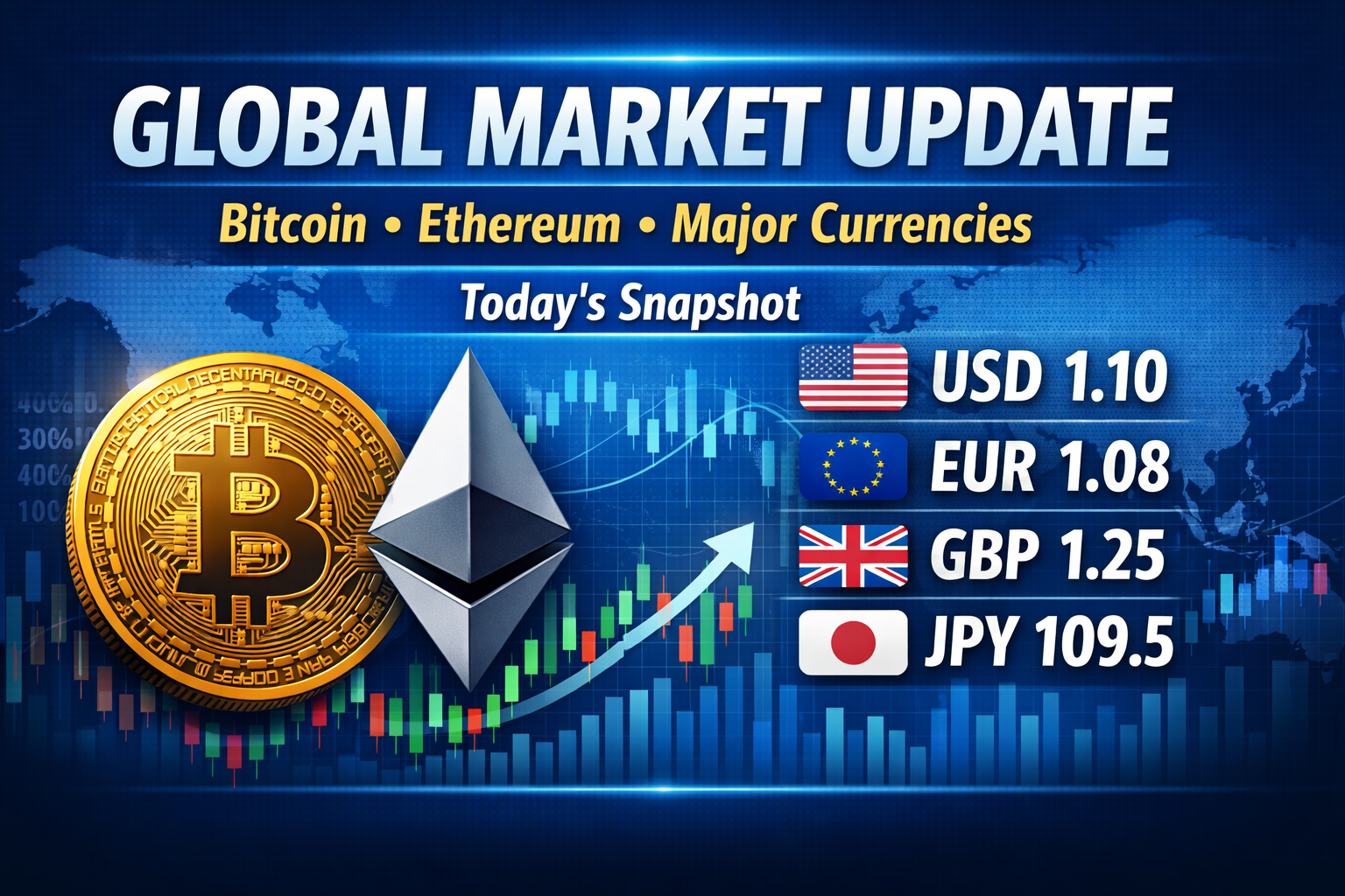 Featured image showing Bitcoin, Ethereum, and major currency symbols with a financial graph background representing today’s global market update.