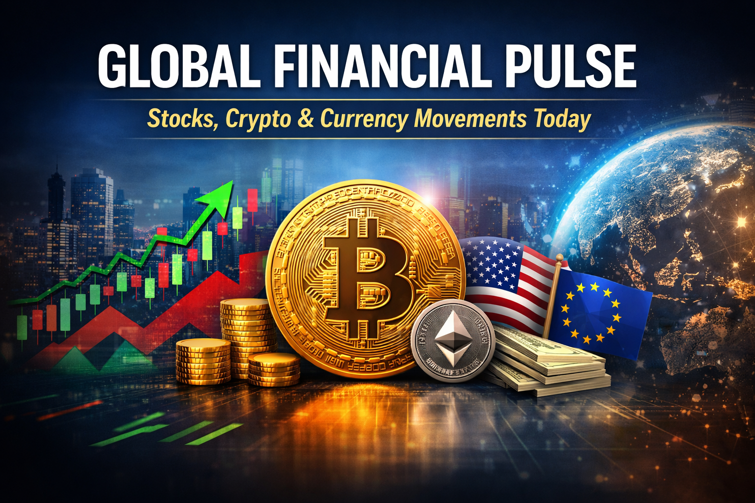 Global financial markets showing stock trends, Bitcoin, Ethereum and major currency movements today