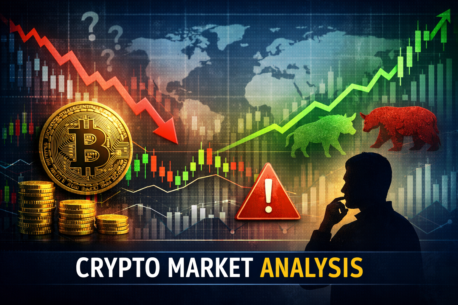 Crypto market analysis showing Bitcoin trends, candlestick charts, and bull vs bear market signals