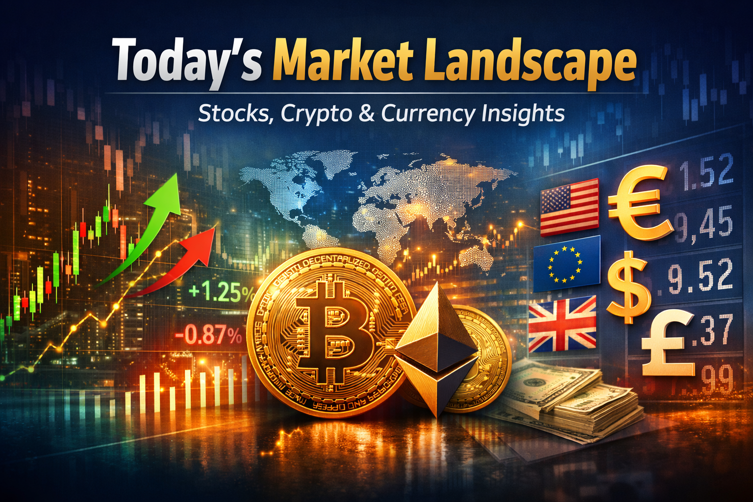 Today’s market landscape showing stock charts, Bitcoin and Ethereum coins, and global currency symbols