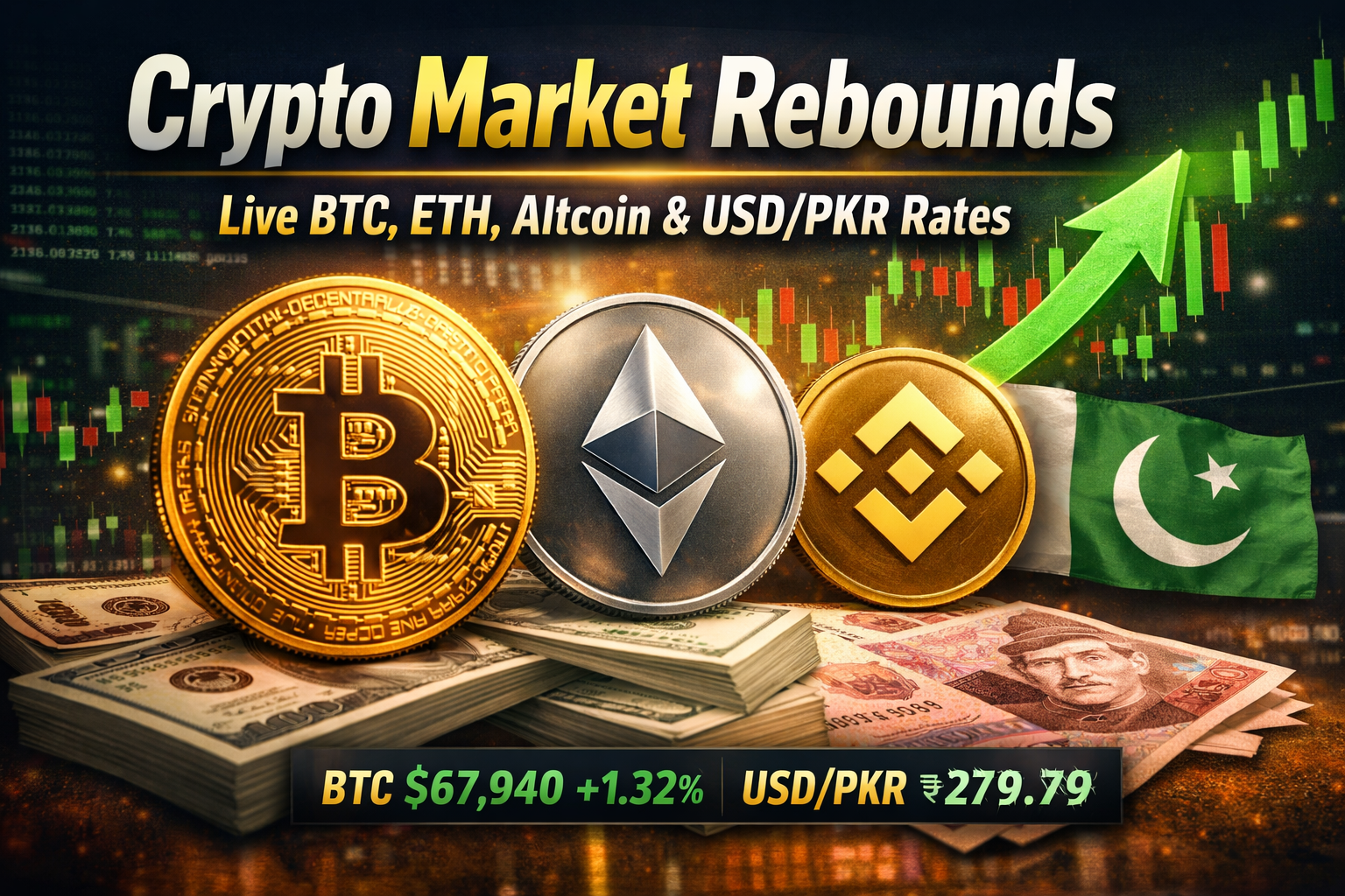 Digital illustration of cryptocurrency market on 12 February 2026, featuring Bitcoin, Ethereum, Binance Coin, and USD/PKR rates.