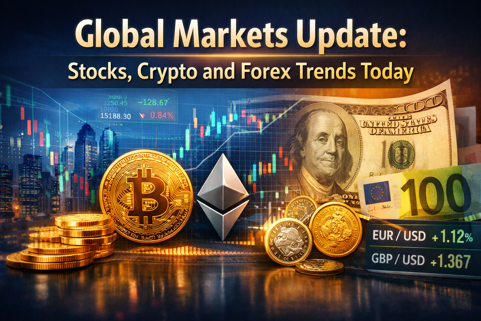 “Global markets update showing stocks, cryptocurrency, and forex trends with charts, Bitcoin, Ethereum, and currency notes.”