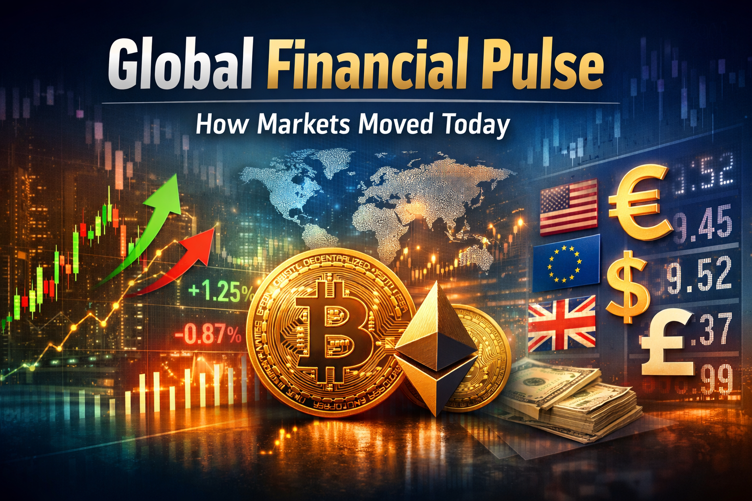 Global financial markets overview showing stocks, cryptocurrency, and forex trends today