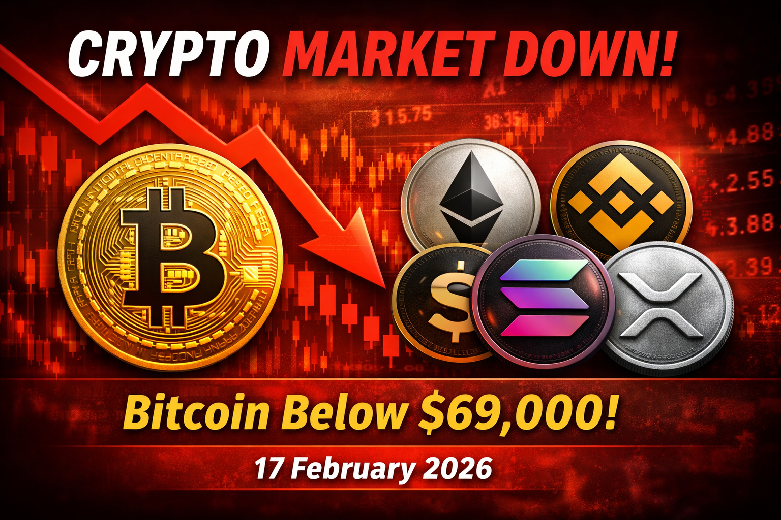 "Crypto Market Update – Live Rates showing Bitcoin (BTC), Ethereum (ETH), Binance Coin (BNB), Solana (SOL), XRP, Cardano (ADA), Dogecoin (DOGE), Avalanche (AVAX), Chainlink (LINK), and USD/PKR exchange. Modern financial design with charts, price tickers, and a blue, gold, and black color scheme."