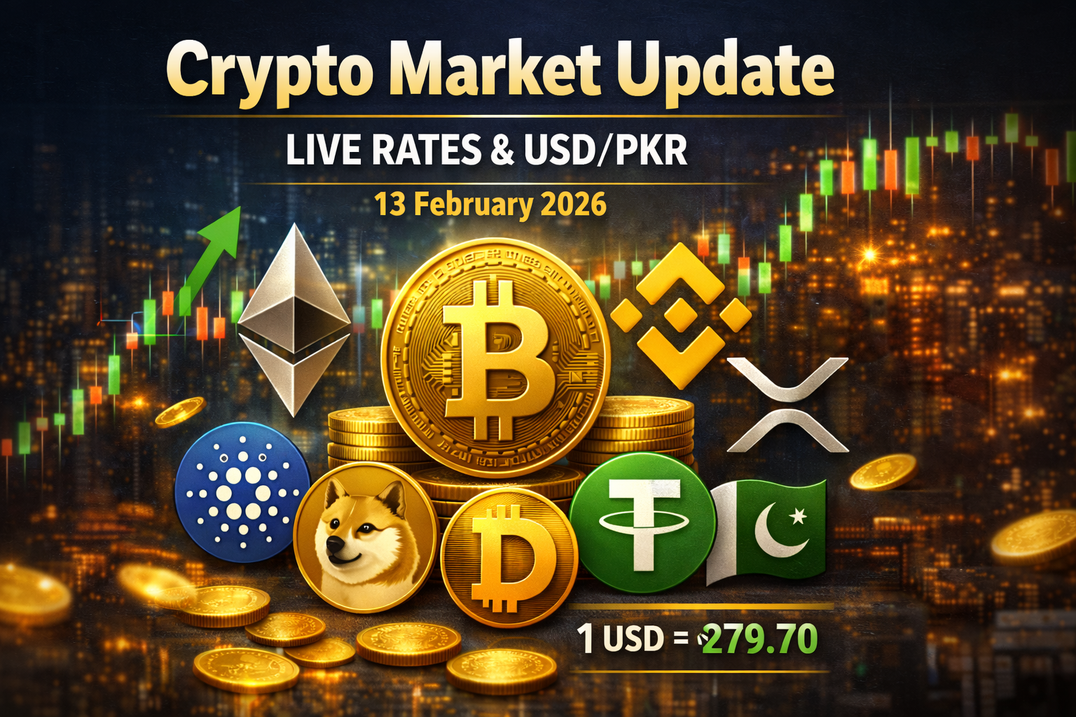 Alt Text: Digital news-style graphic showing live cryptocurrency prices for Bitcoin, Ethereum, Binance Coin, XRP, Cardano, Dogecoin, Tether, and USD to PKR exchange rate on 13 February 2026.