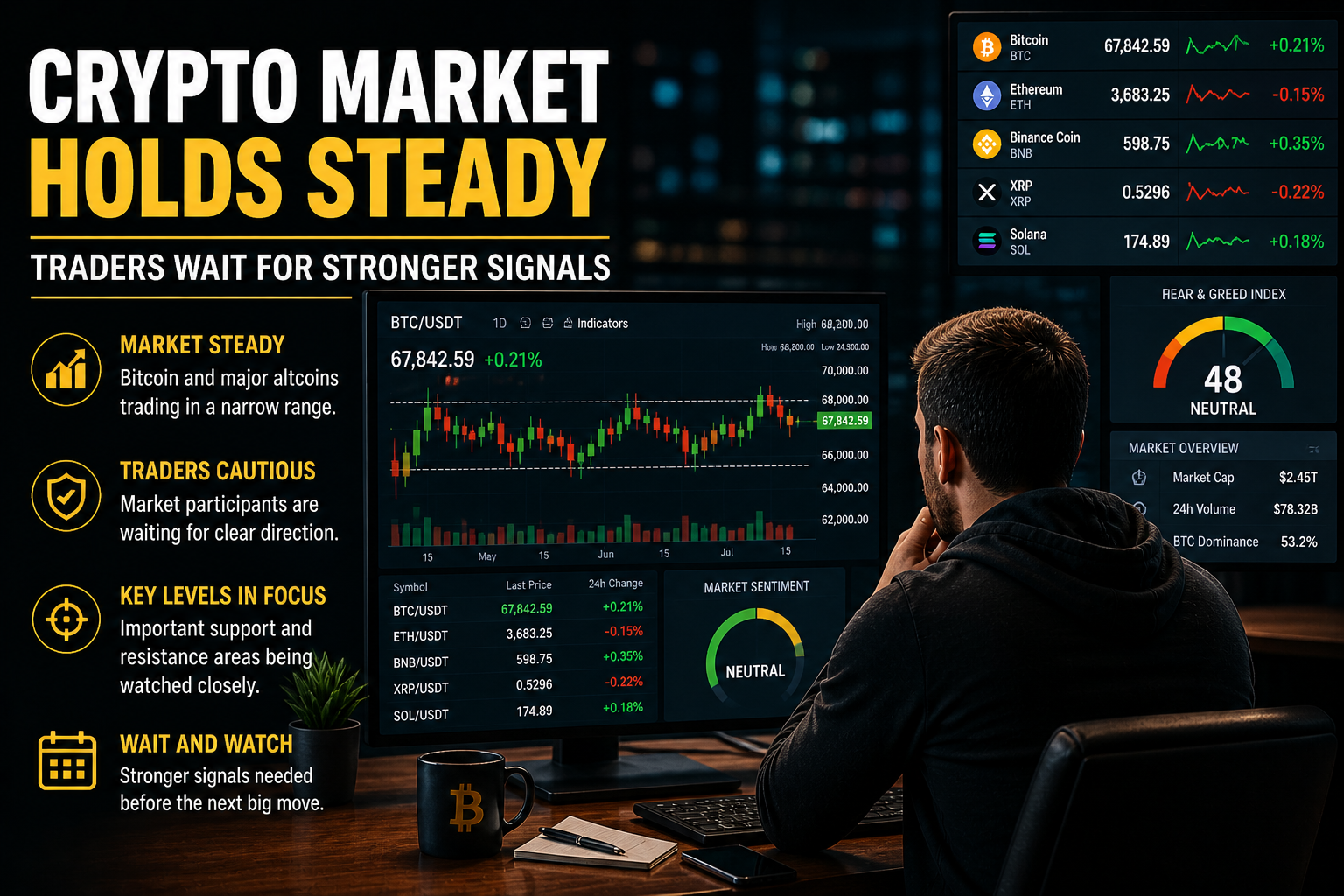crypto market steady today with bitcoin moving sideways and traders watching charts